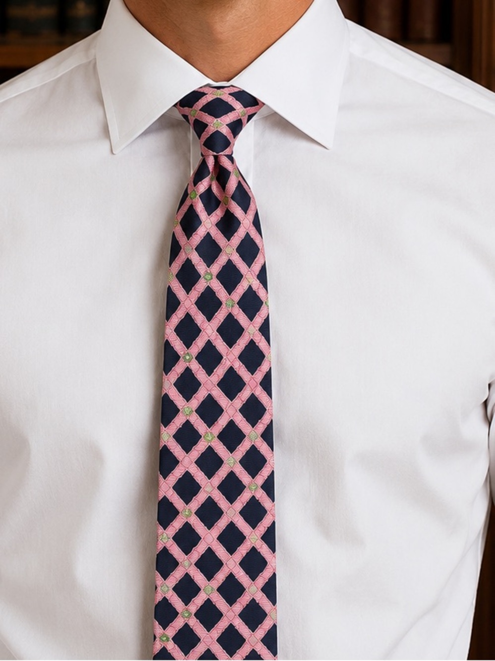Lilly Pulitzer Navy Tie with Pink Lattice and Green Accents